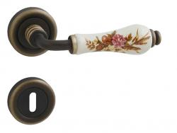 Klika na dveře LI - DALIA 665 - R BM/SP/HK - Bronz matný / smetanový porcelán / hnědý květ
